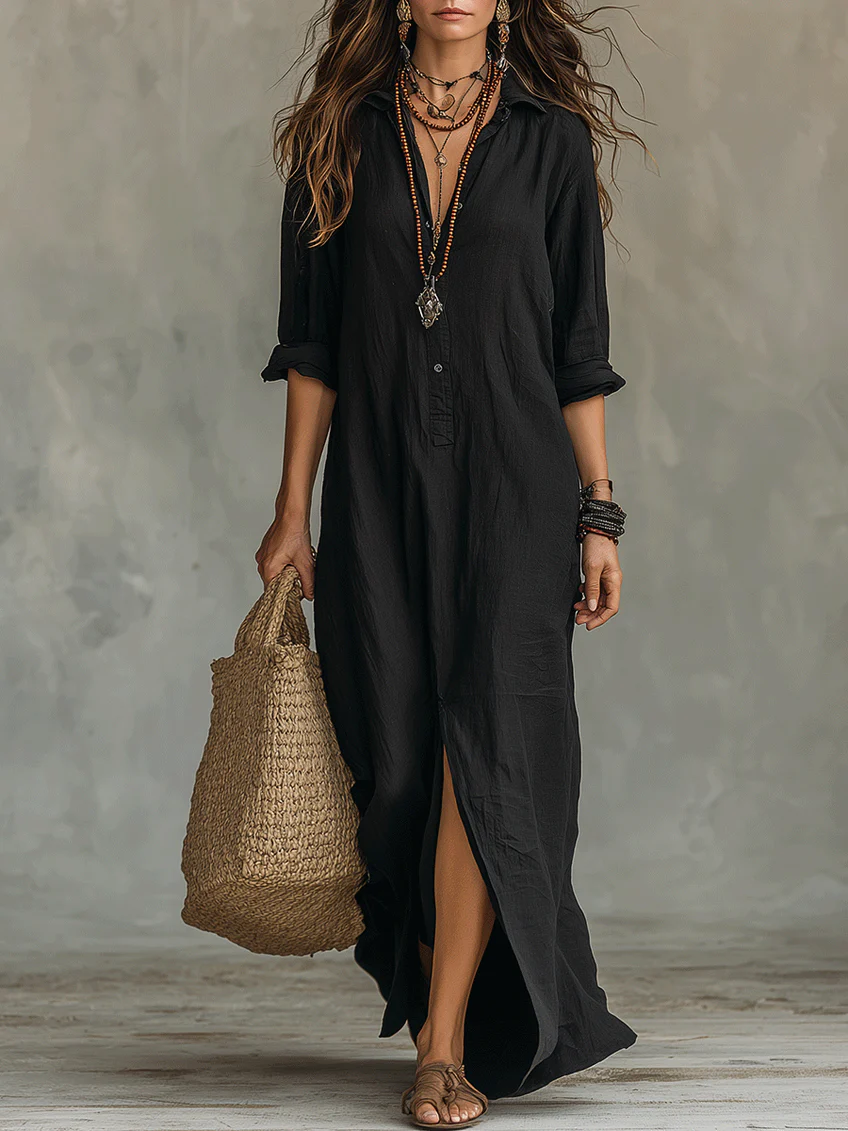Soline™ | Abito Maxi Nero Ampio con Bottoni
