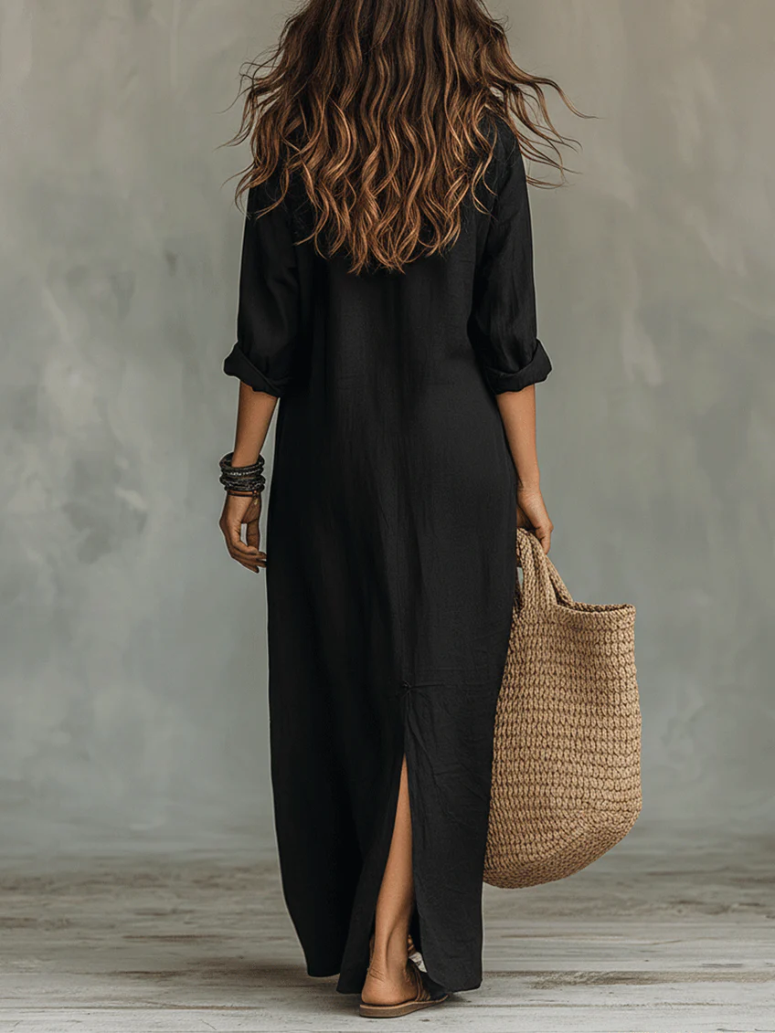 Soline™ | Abito Maxi Nero Ampio con Bottoni