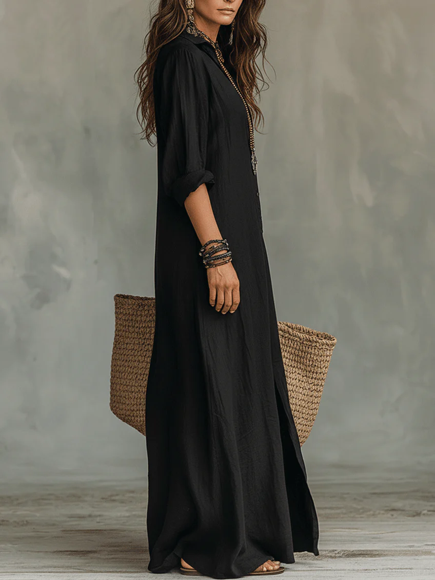 Soline™ | Abito Maxi Nero Ampio con Bottoni