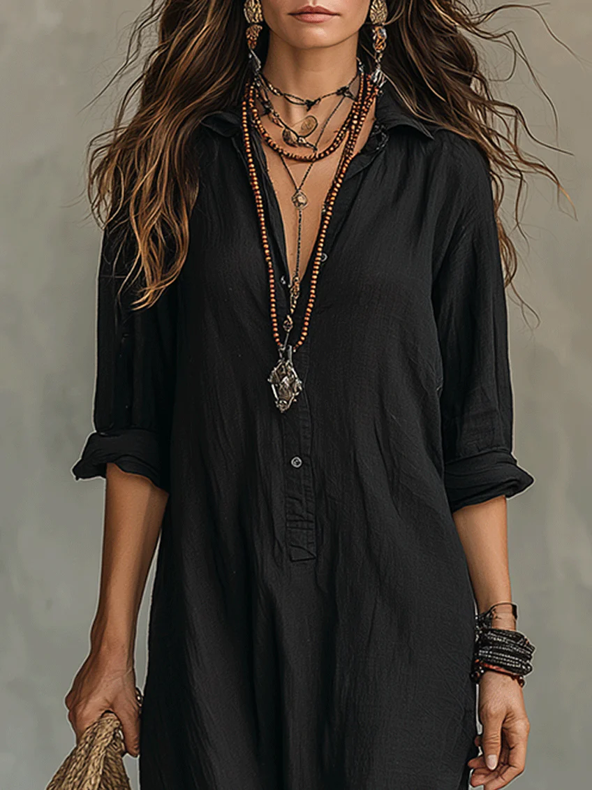 Soline™ | Abito Maxi Nero Ampio con Bottoni