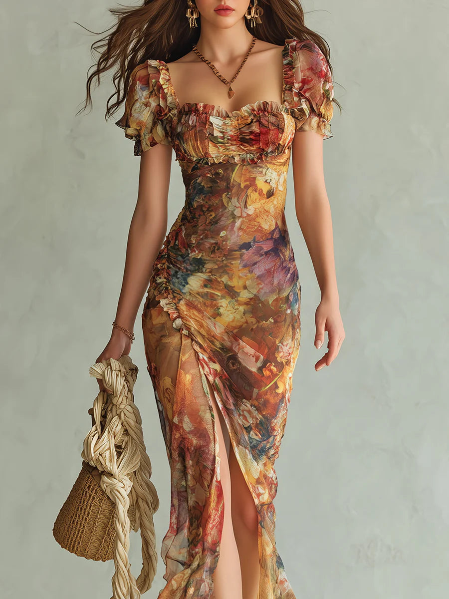 Lara | Abito Maxi Boho Arancione con Stampa Floreale Ispirata a un Dipinto ad Olio