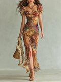 Lara | Abito Maxi Boho Arancione con Stampa Floreale Ispirata a un Dipinto ad Olio