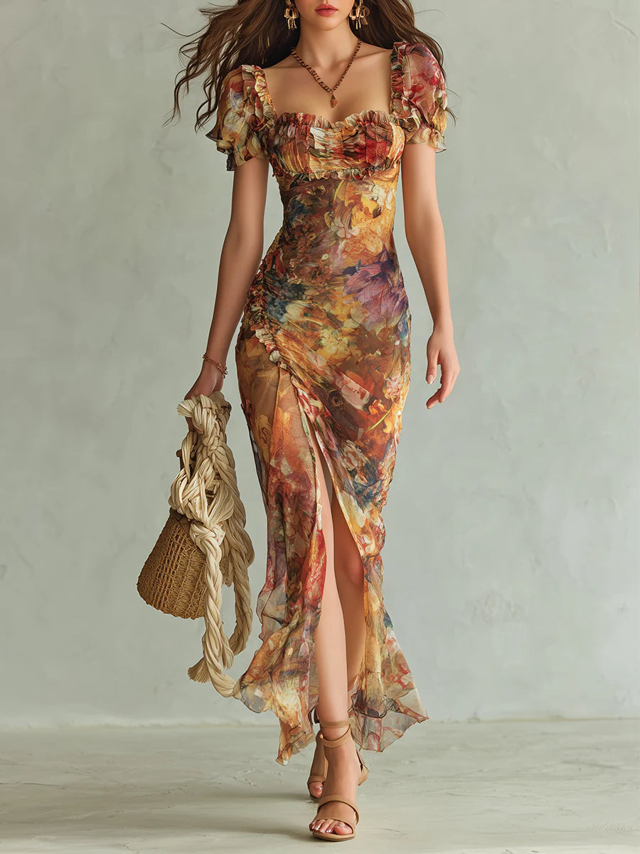 Lara | Abito Maxi Boho Arancione con Stampa Floreale Ispirata a un Dipinto ad Olio