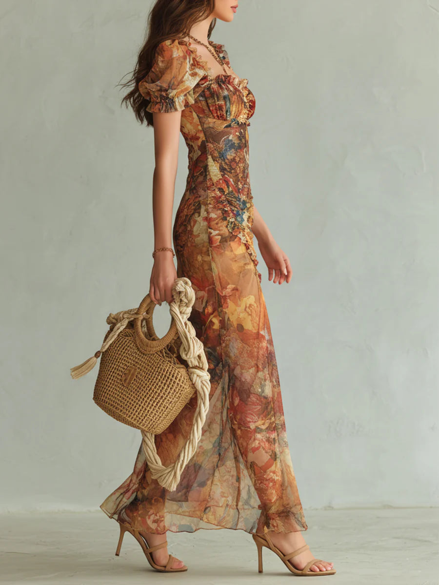 Lara | Abito Maxi Boho Arancione con Stampa Floreale Ispirata a un Dipinto ad Olio