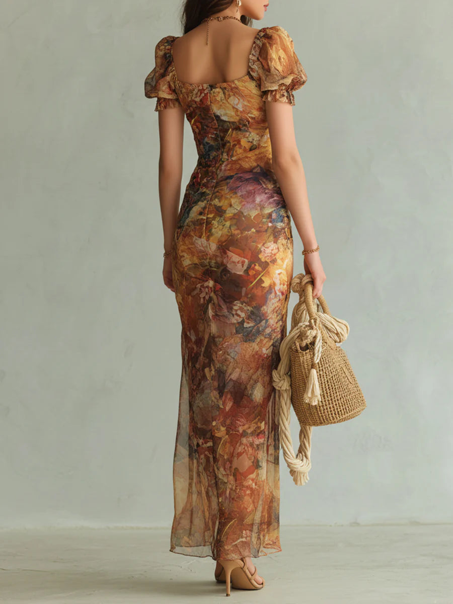Lara | Abito Maxi Boho Arancione con Stampa Floreale Ispirata a un Dipinto ad Olio