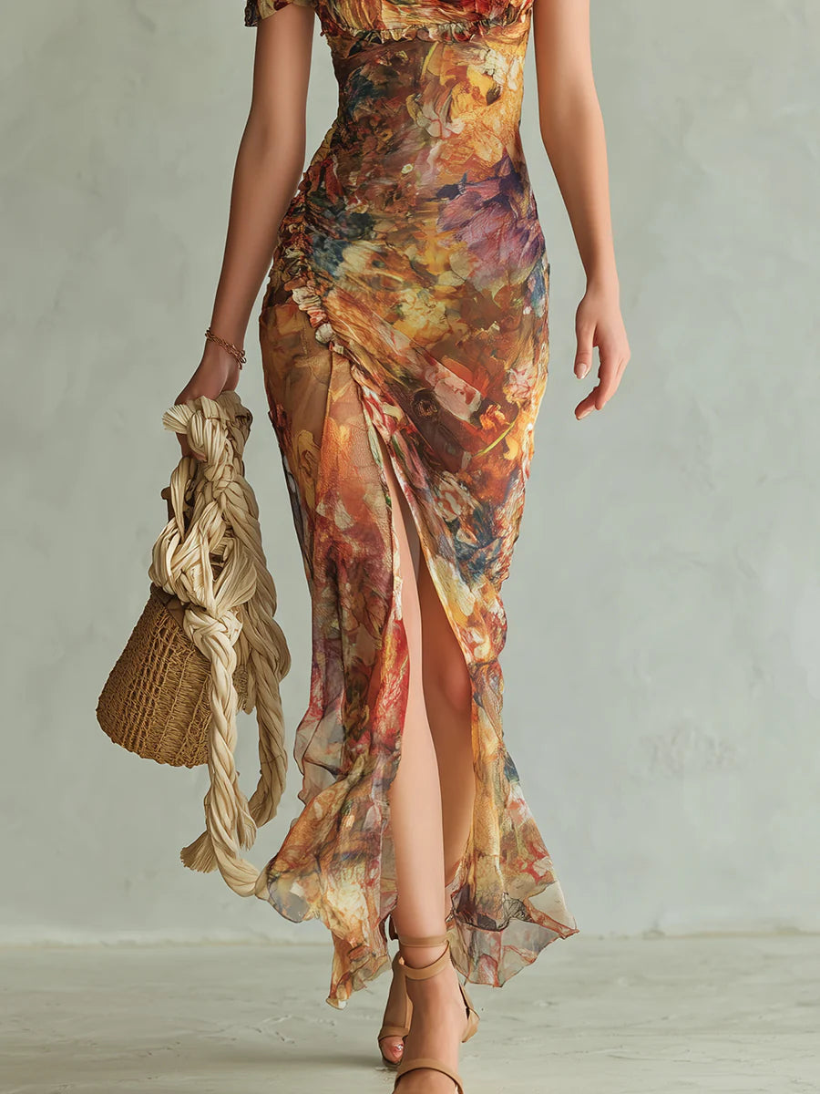 Lara | Abito Maxi Boho Arancione con Stampa Floreale Ispirata a un Dipinto ad Olio