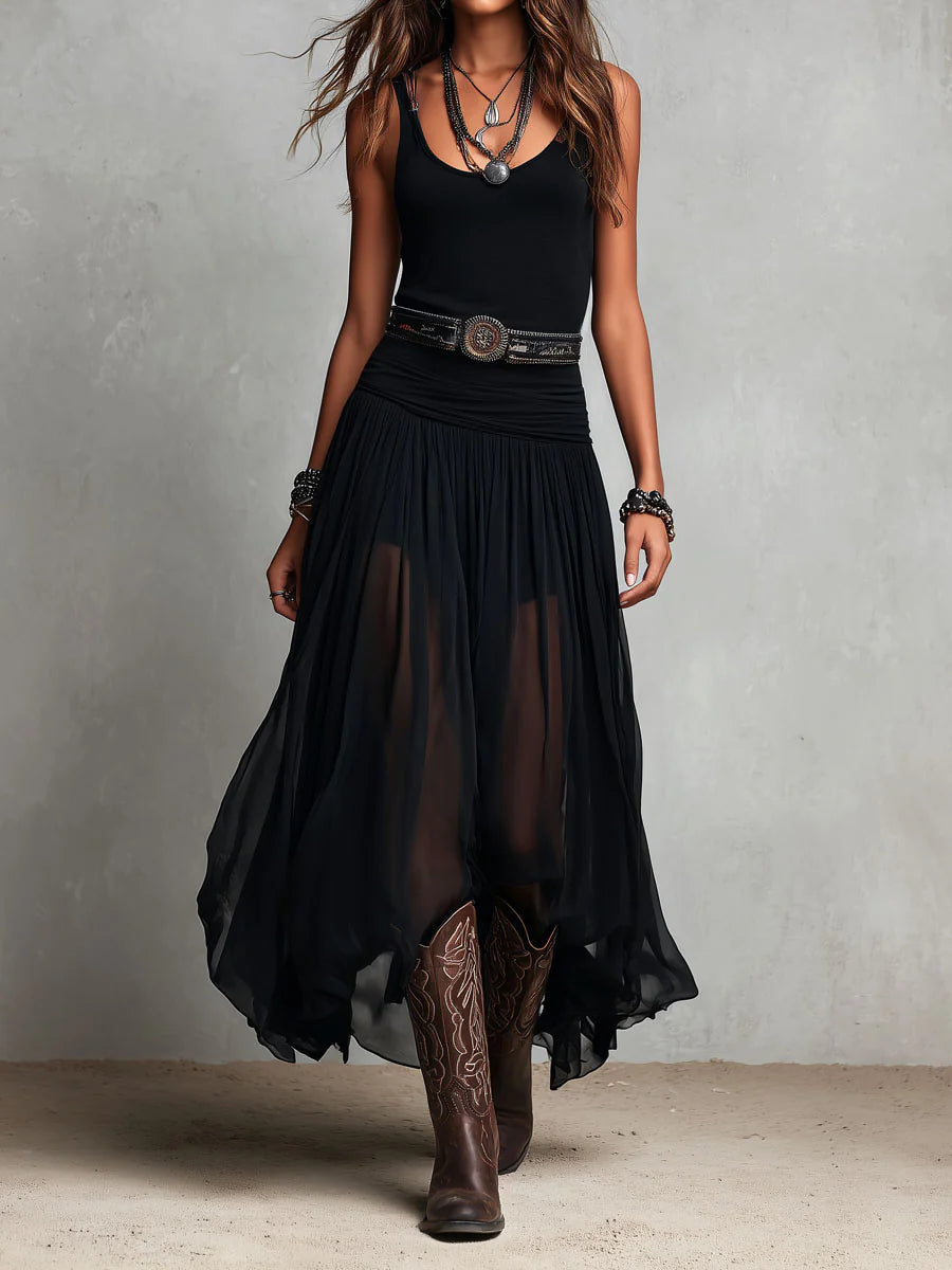 Abito Maxi Nero con Top Senza Maniche e Gonna in Tulle (senza cintura)
