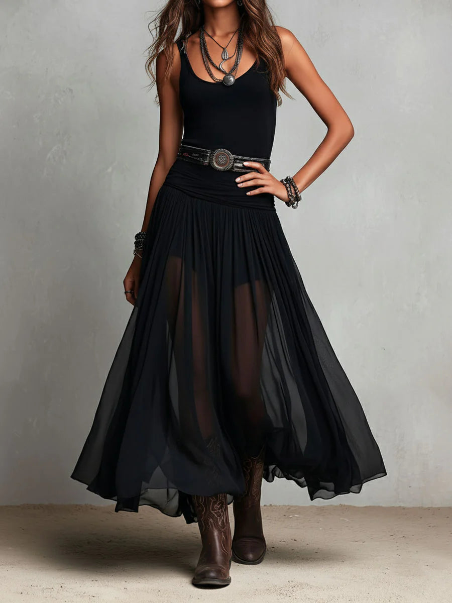 Abito Maxi Nero con Top Senza Maniche e Gonna in Tulle (senza cintura)