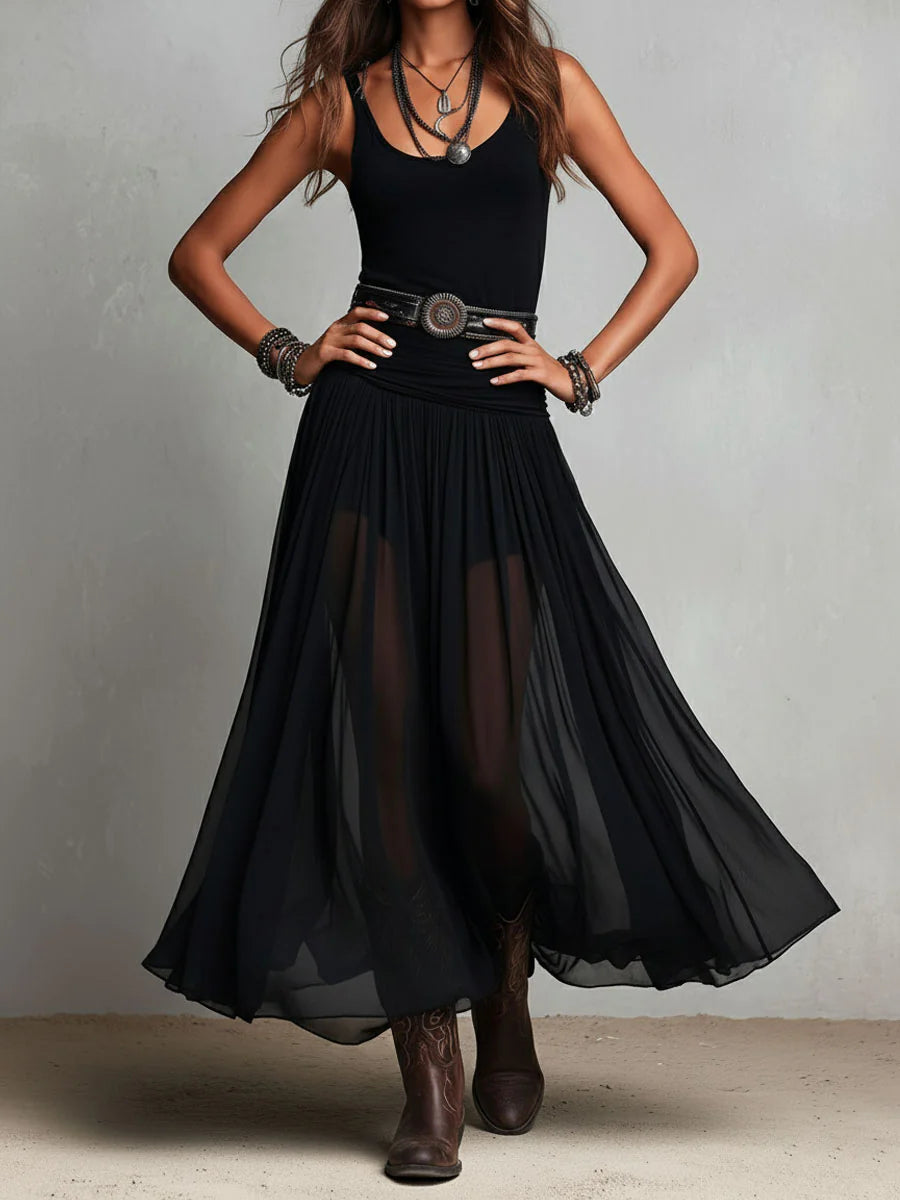 Abito Maxi Nero con Top Senza Maniche e Gonna in Tulle (senza cintura)