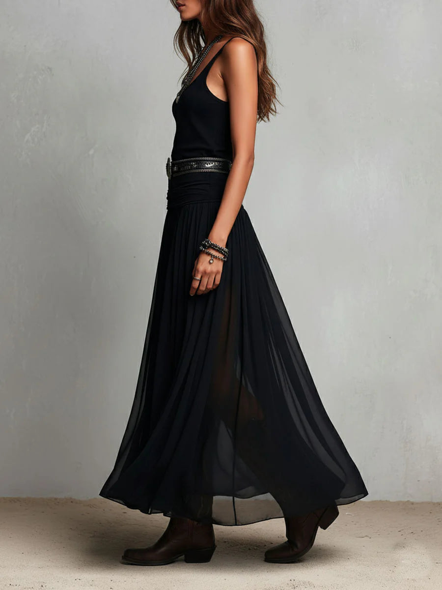 Abito Maxi Nero con Top Senza Maniche e Gonna in Tulle (senza cintura)