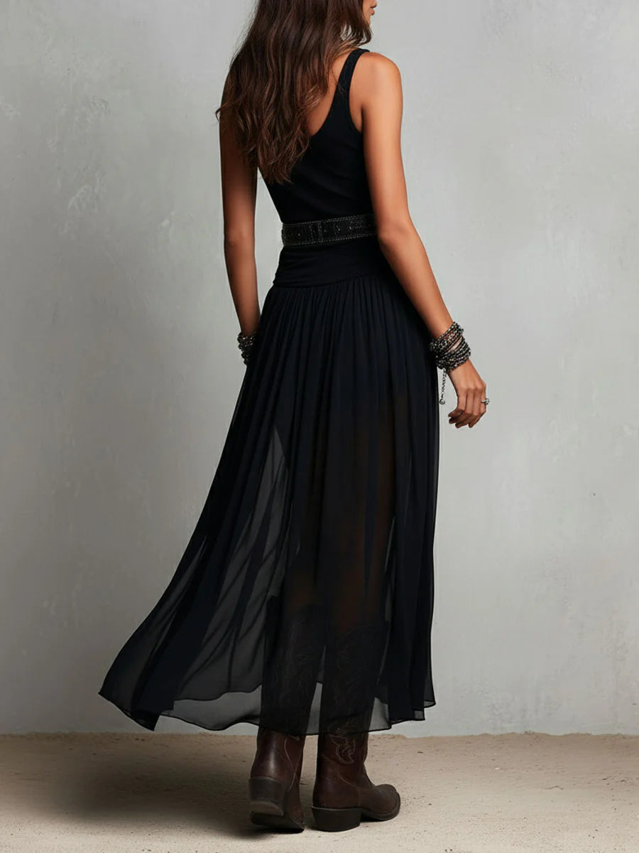 Abito Maxi Nero con Top Senza Maniche e Gonna in Tulle (senza cintura)