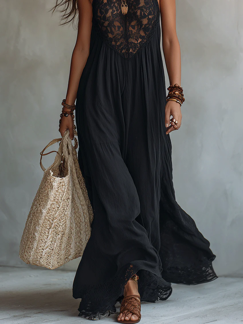 Abito Maxi Nero Boho Senza Maniche con Bordo in Pizzo