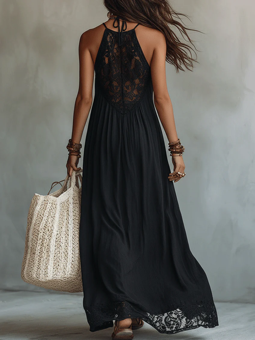 Abito Maxi Nero Boho Senza Maniche con Bordo in Pizzo