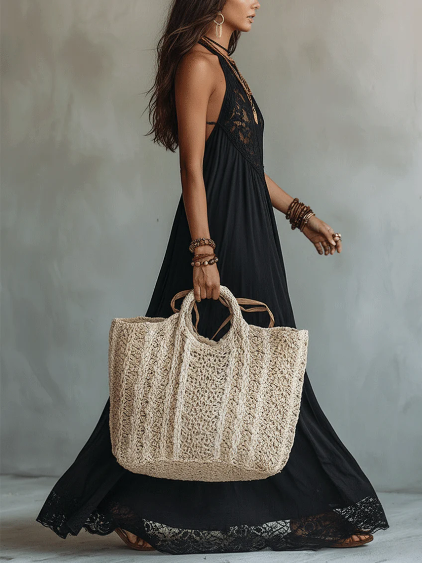 Abito Maxi Nero Boho Senza Maniche con Bordo in Pizzo