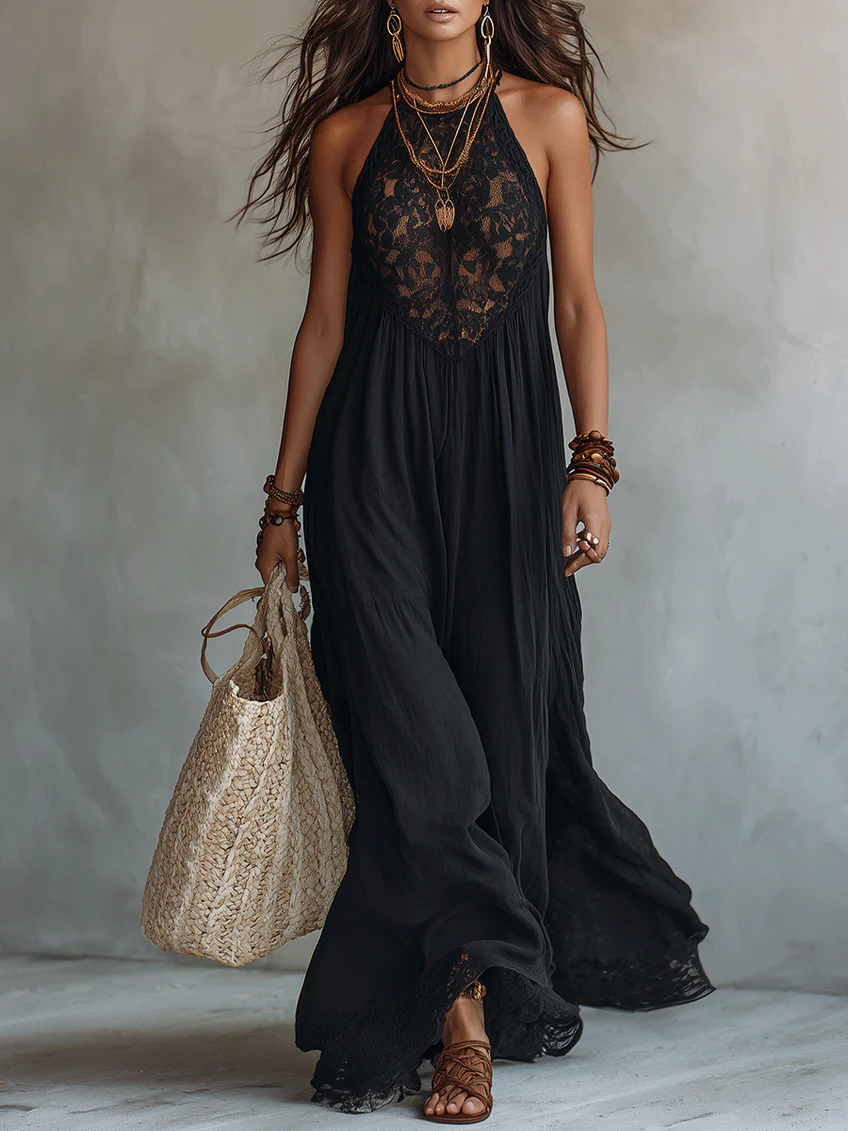 Abito Maxi Nero Boho Senza Maniche con Bordo in Pizzo