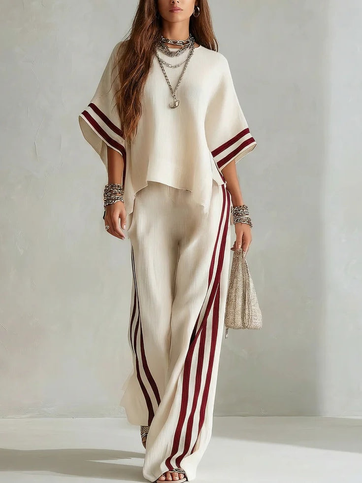 Michela | Completo Boho a Righe Color-Block, Crema