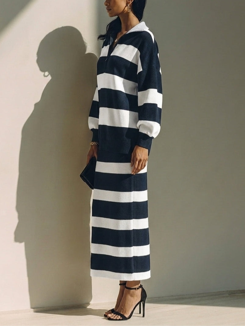 Cosima | Completo Maglia Mezza Zip a Righe e Gonna Midi, Blu Navy