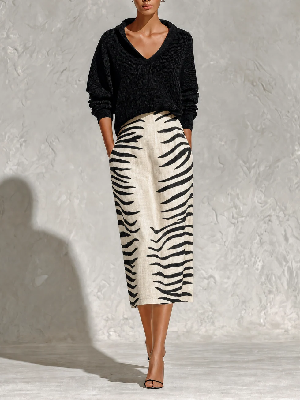 Vittoria | Completo Maglia e Gonna Midi Zebrata, Nero