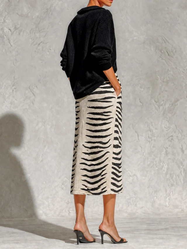 Vittoria | Completo Maglia e Gonna Midi Zebrata, Nero