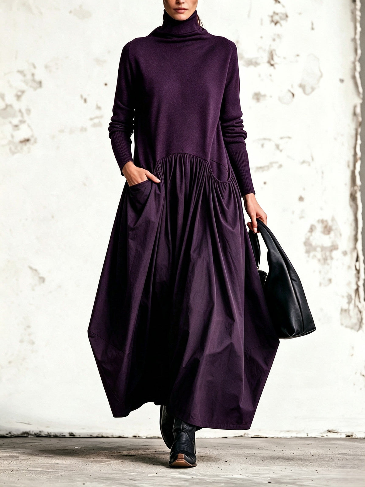 Paola | Abito Lungo Oversize con Collo Alto e Tasche