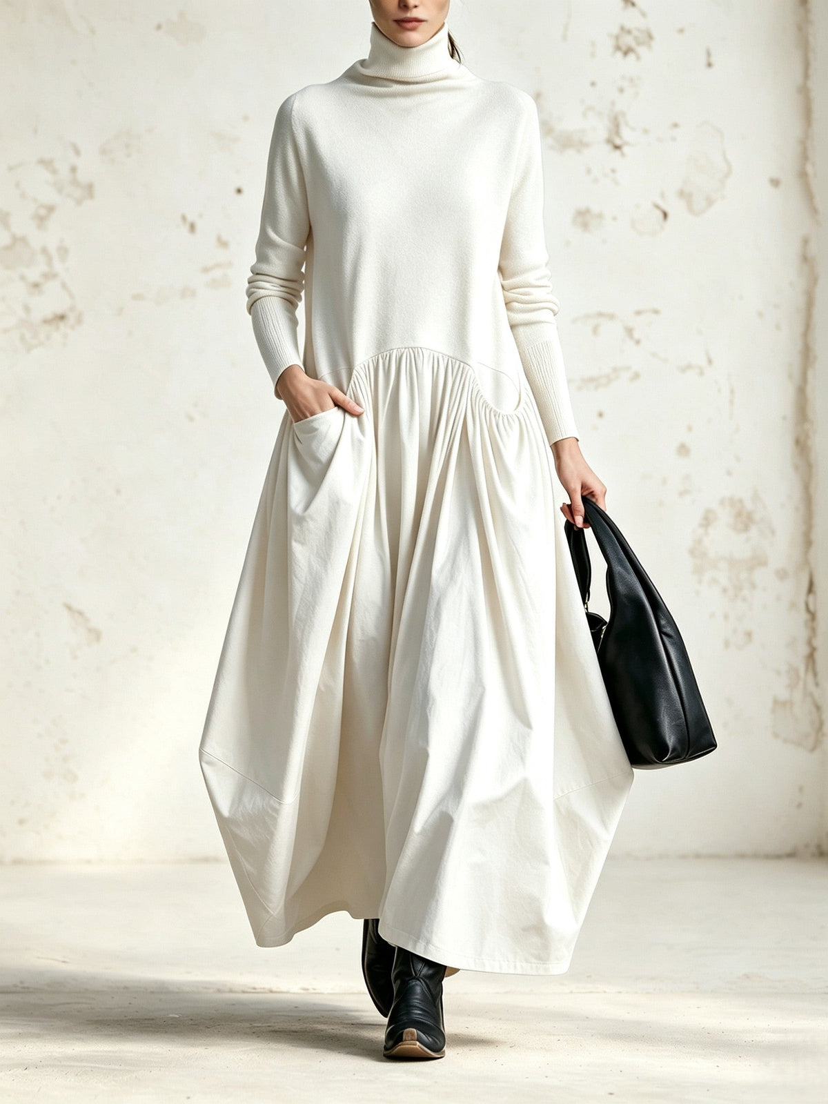 Paola | Abito Lungo Oversize con Collo Alto e Tasche