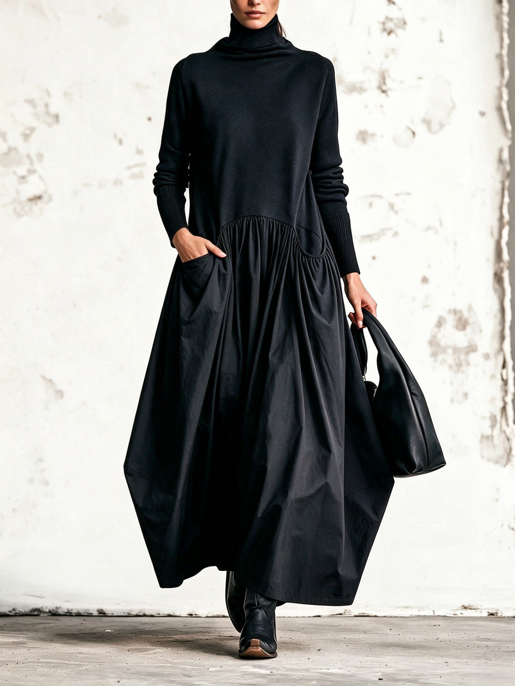 Paola | Abito Lungo Oversize con Collo Alto e Tasche