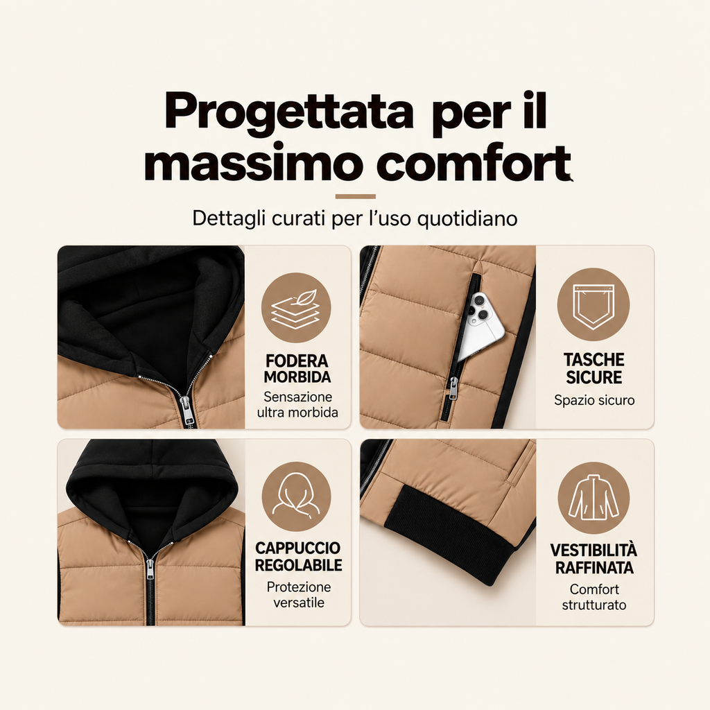 Nora | Giacca Trapuntata Bicolore con Cappuccio