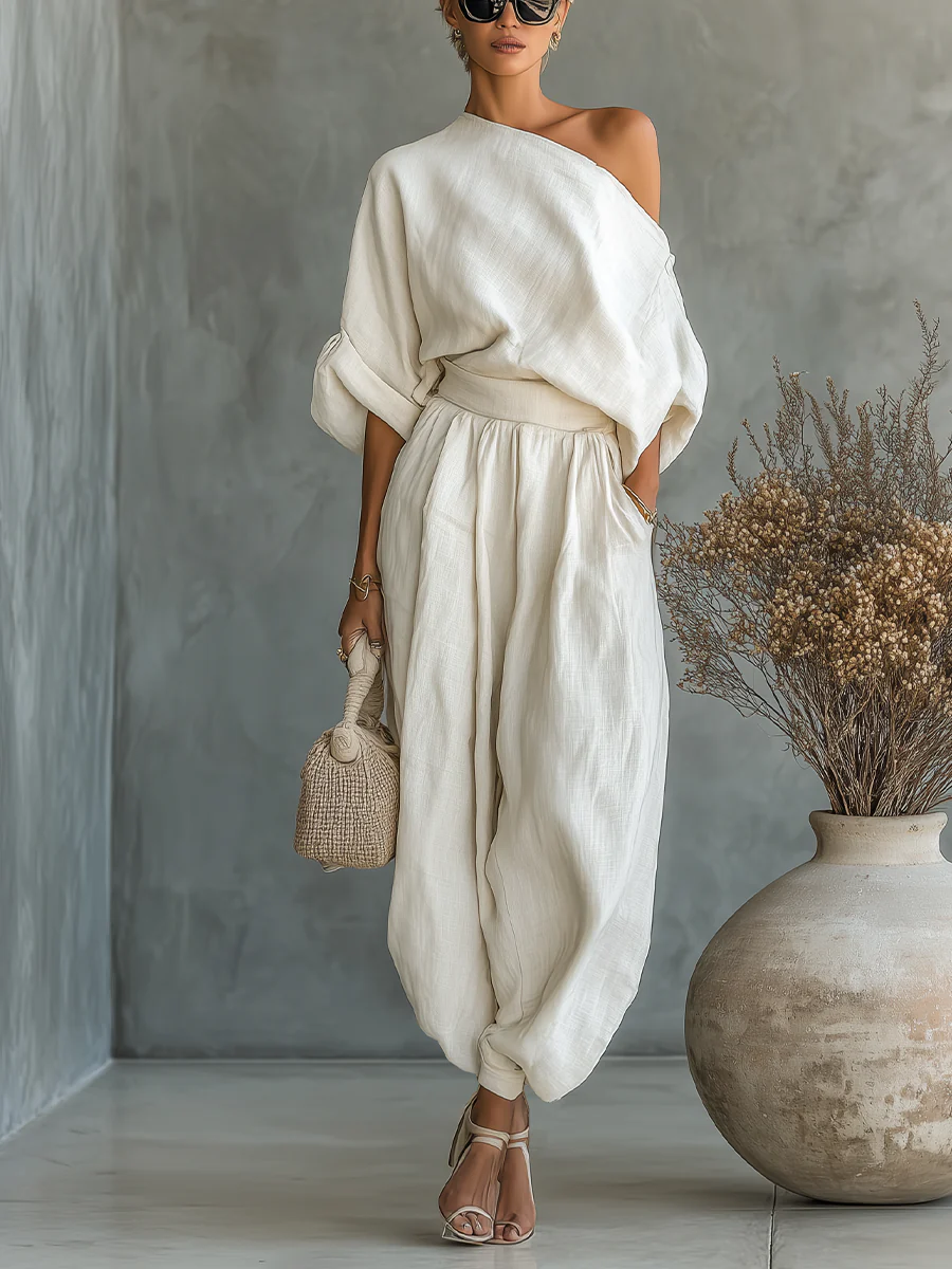 Giada | Completo Monospalla e Pantaloni Ampi, Crema