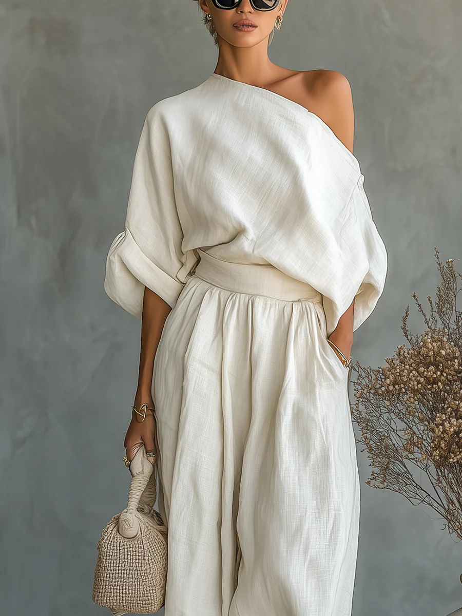 Giada | Completo Monospalla e Pantaloni Ampi, Crema