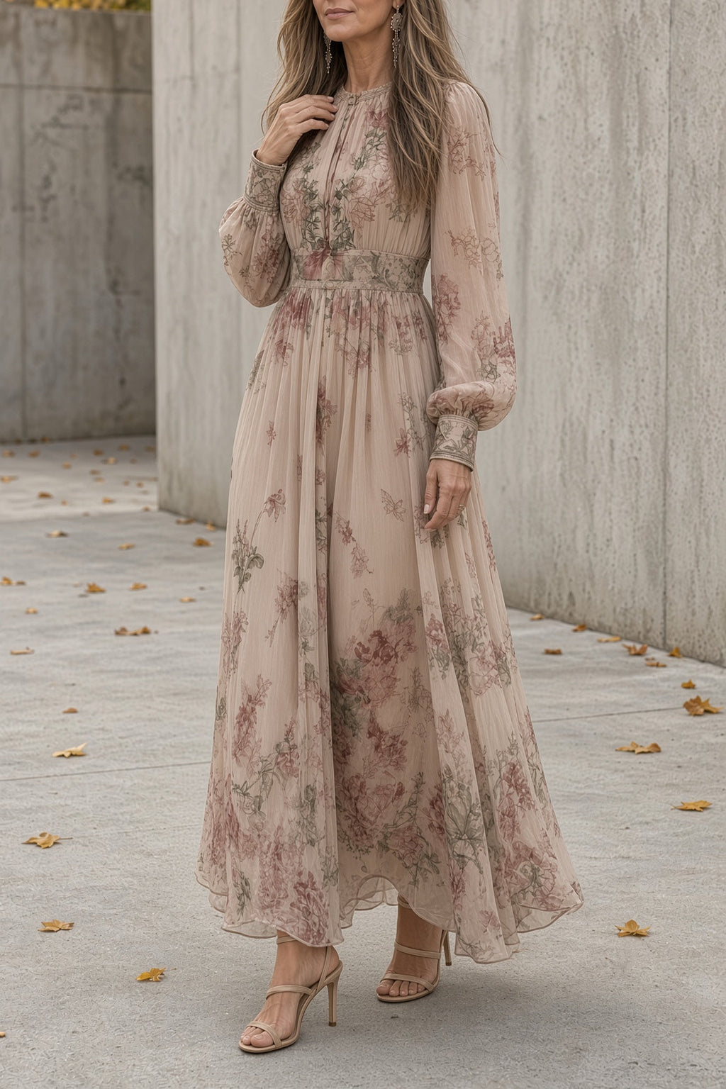 Rosanna | Abito Lungo Floreale con Maniche Lunghe, Rosa