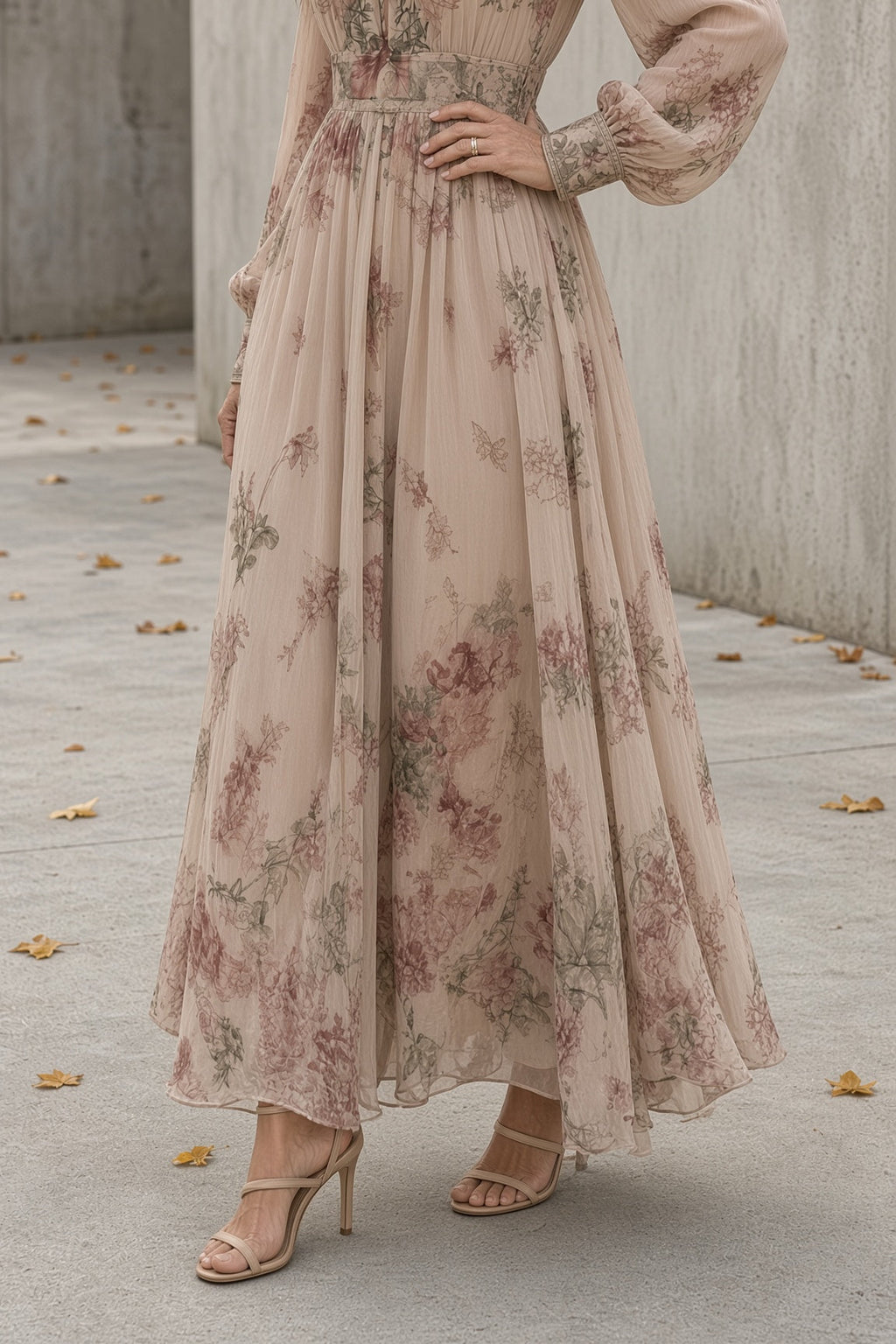 Rosanna | Abito Lungo Floreale con Maniche Lunghe, Rosa