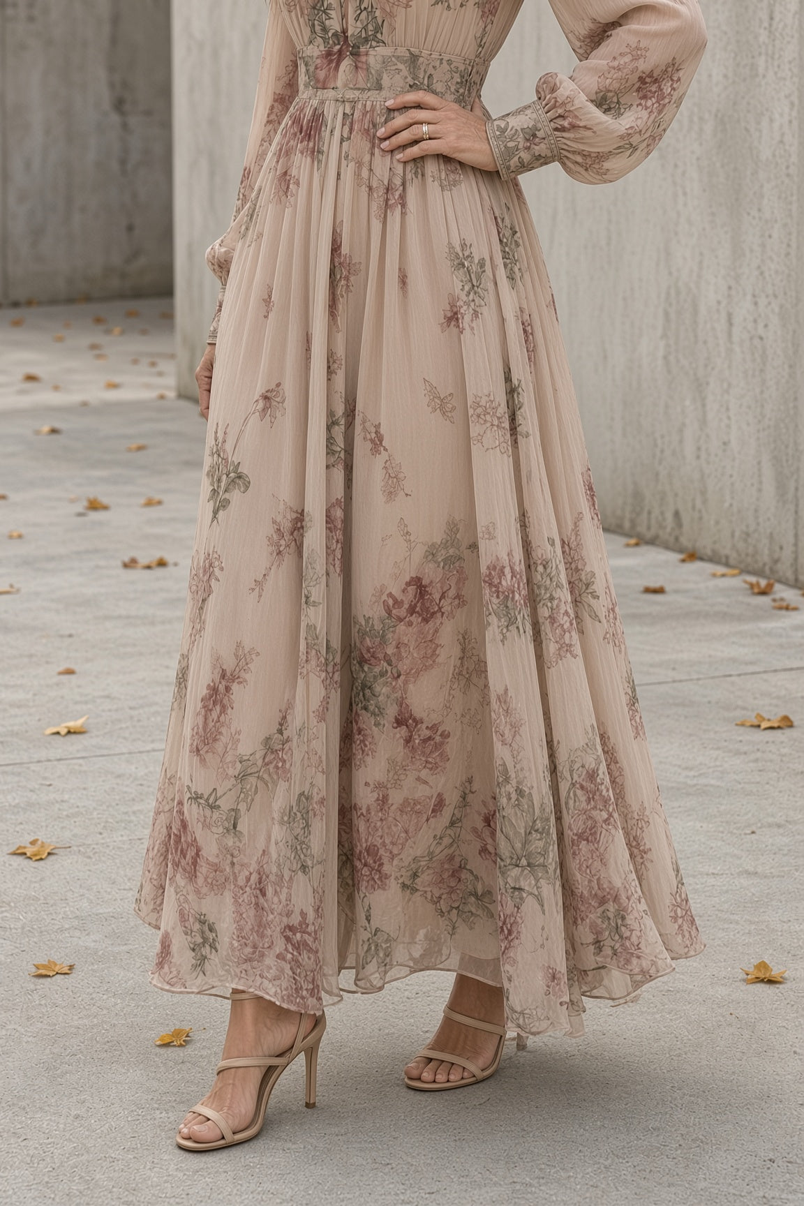 Rosanna | Abito Lungo Floreale con Maniche Lunghe, Rosa