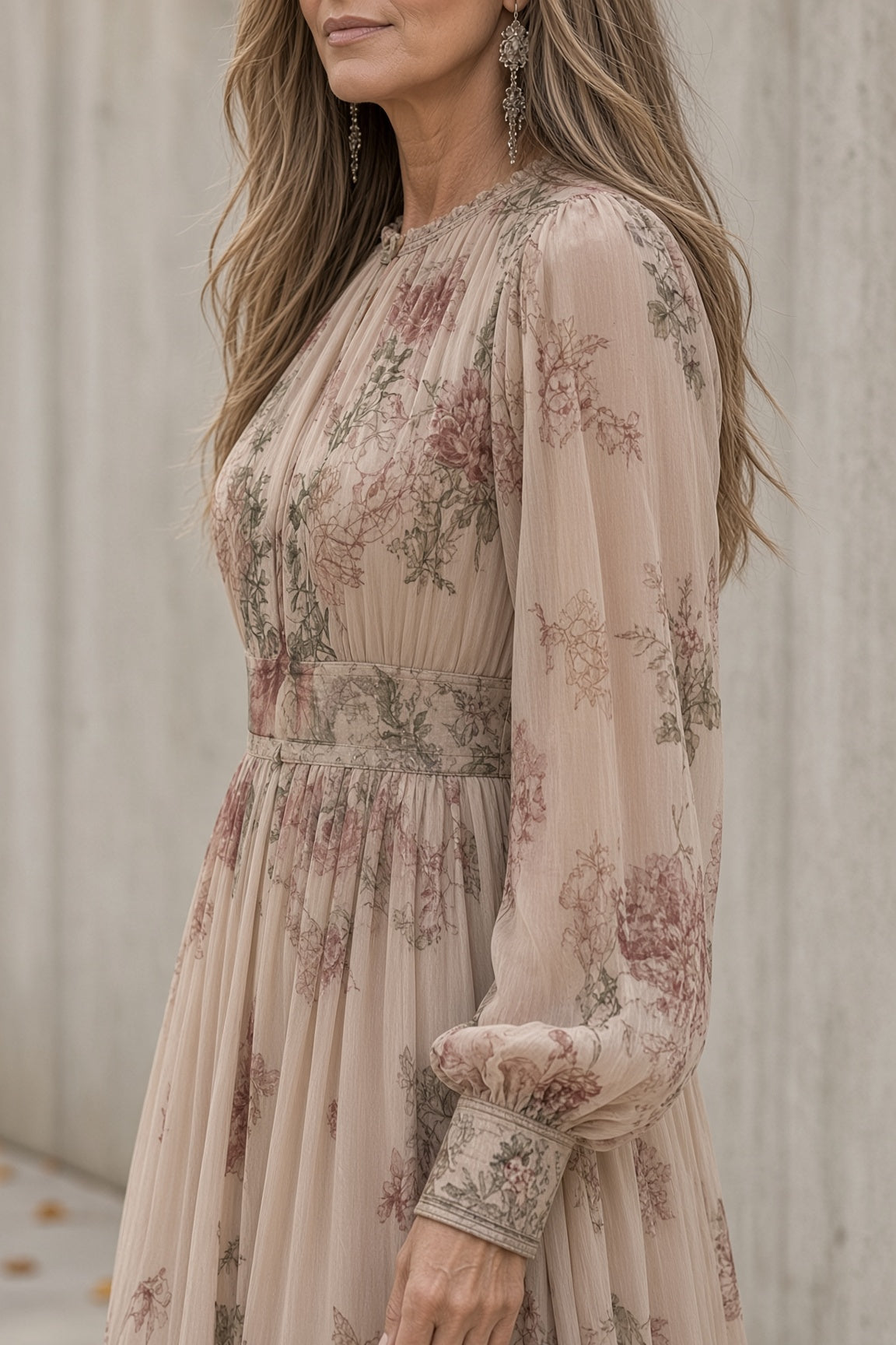 Rosanna | Abito Lungo Floreale con Maniche Lunghe, Rosa