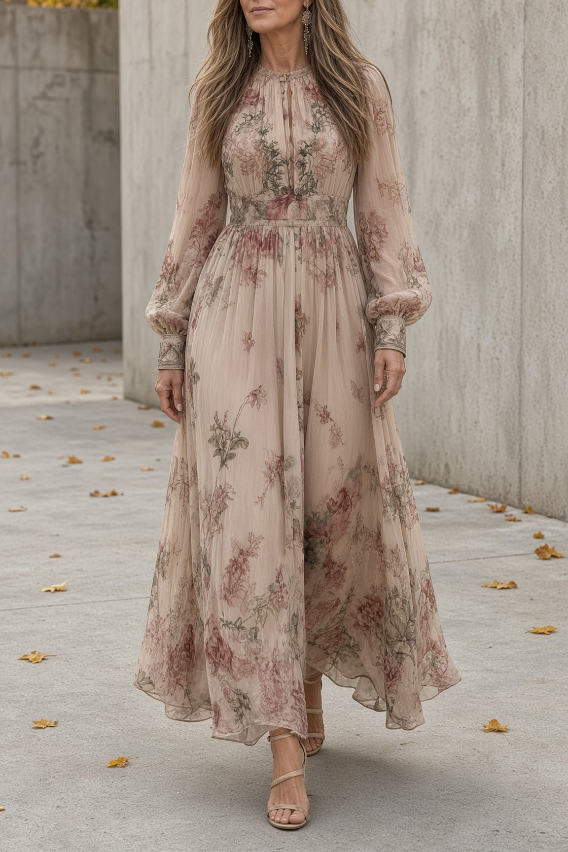 Rosanna | Abito Lungo Floreale con Maniche Lunghe, Rosa