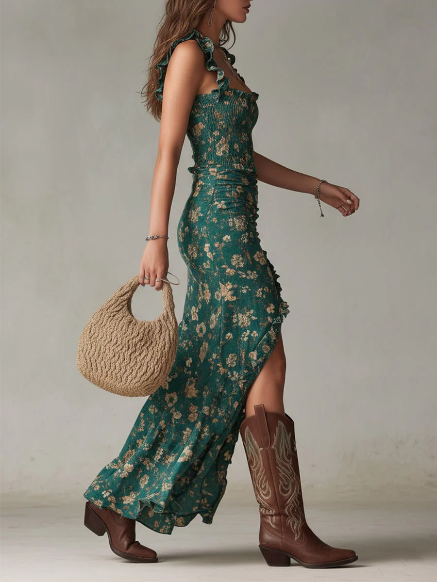 Zara | Abito maxi floreale bohémien arricciato con spacco laterale
