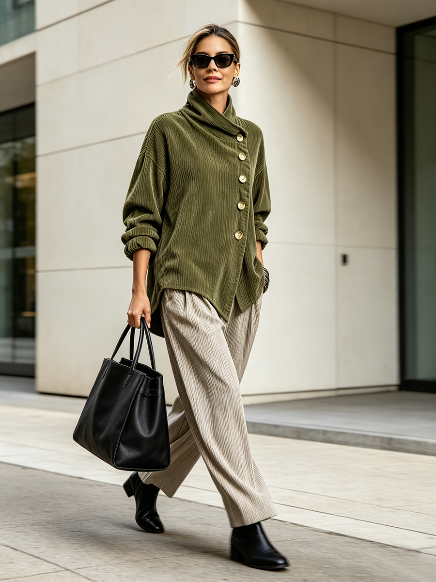 Camilla | Top in Velluto a Coste Asimmetrico con Collo Alto