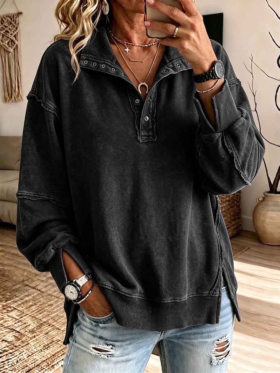 Caterina | Felpa Oversize con Collo Henley e Bordi a Vivo