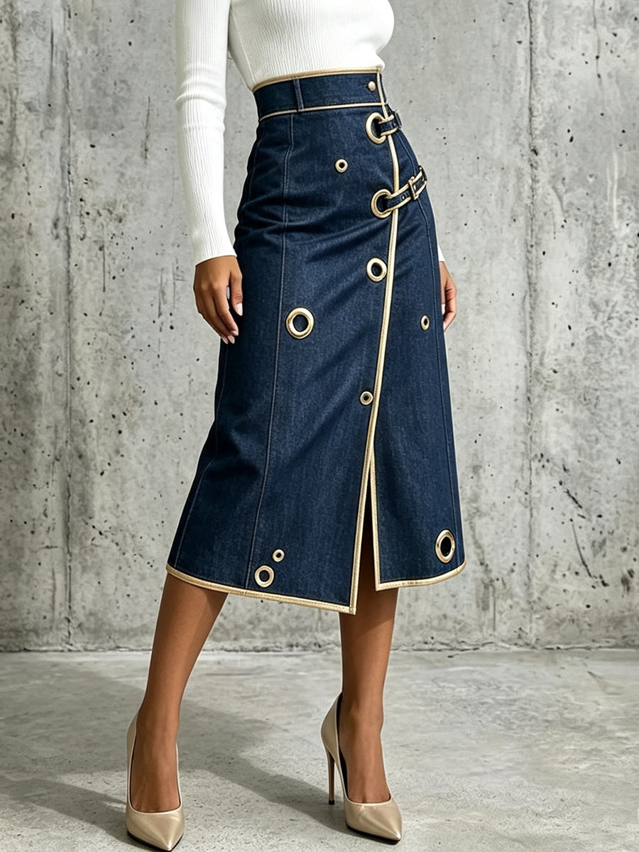 Arianna | Gonna Midi in Jeans con Profili Dorati