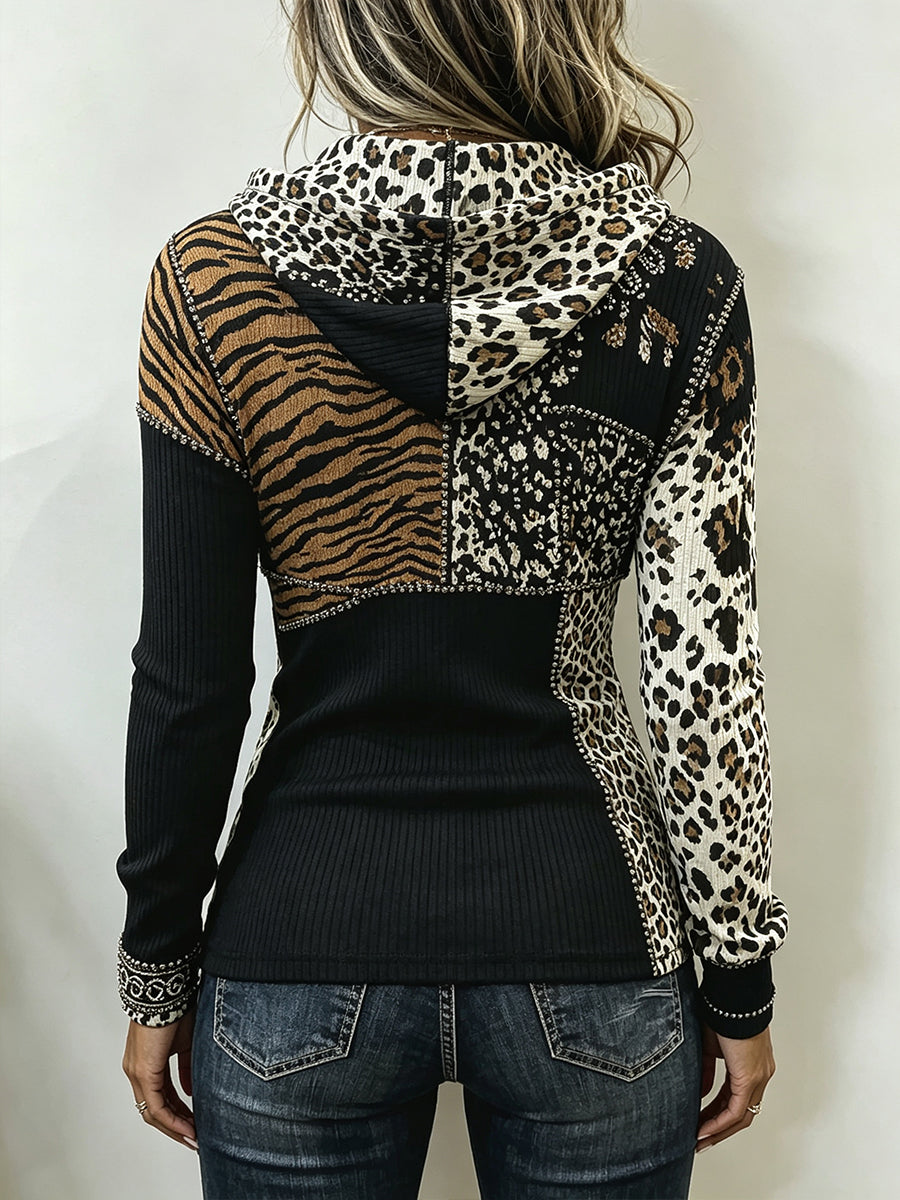 Laura | Top a Costine con Cappuccio e Patchwork Animalier