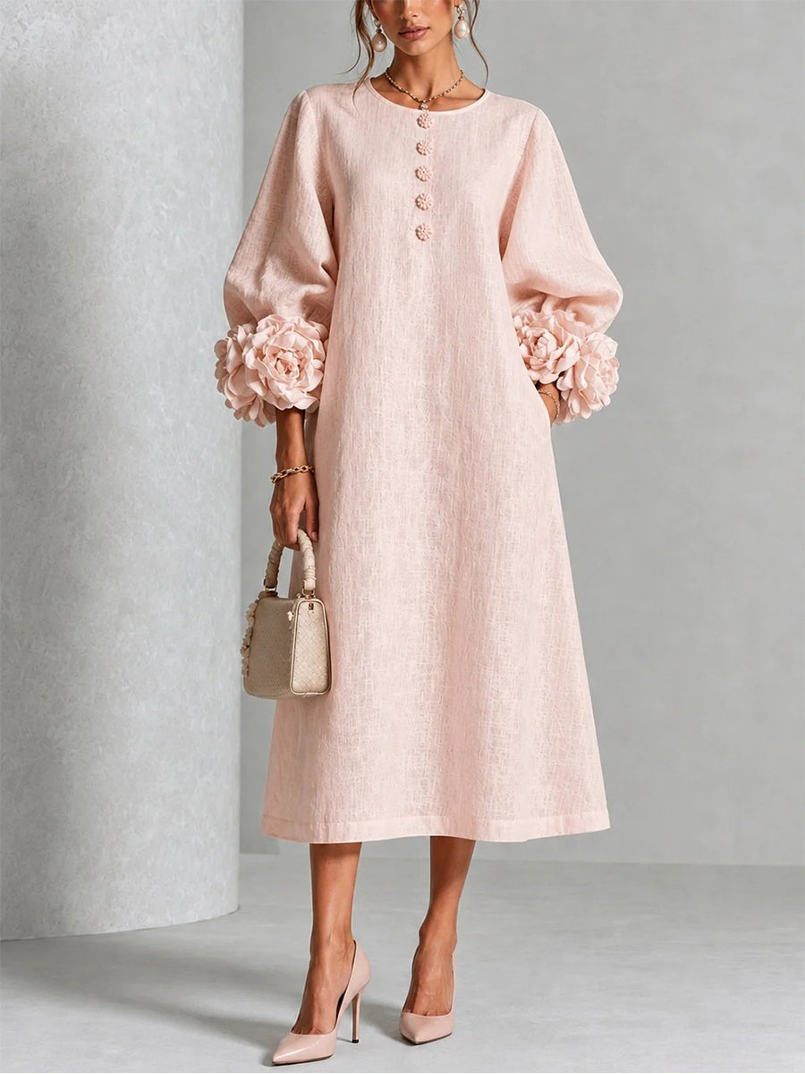 Letizia | Abito Midi Rosa con Rose 3D sui Polsini
