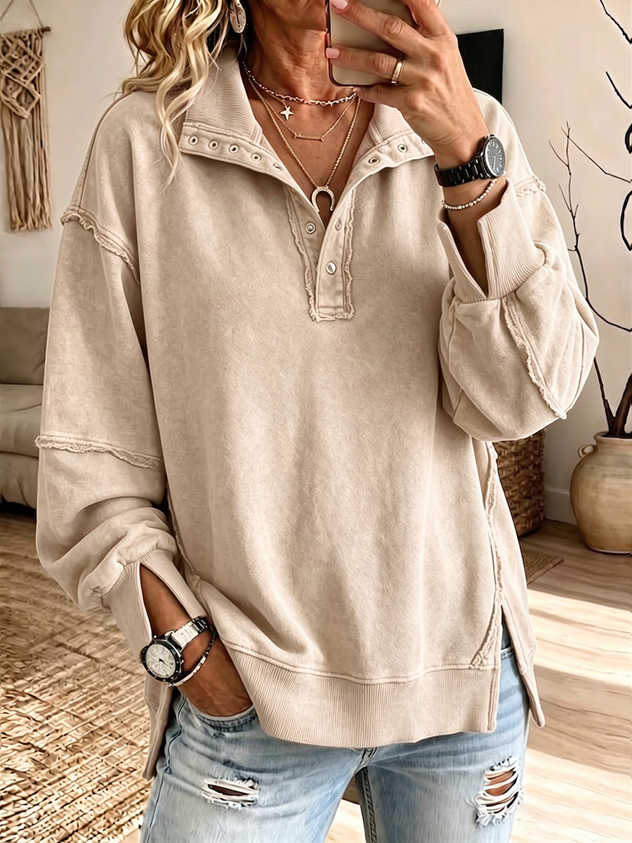 Caterina | Felpa Oversize con Collo Henley e Bordi a Vivo