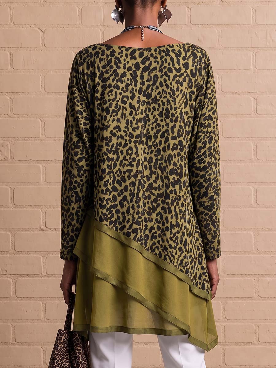 Gemma | Top Leopardato Asimmetrico con Orlo a Strati