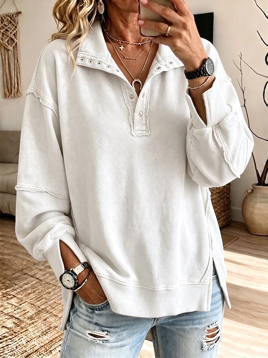 Caterina | Felpa Oversize con Collo Henley e Bordi a Vivo