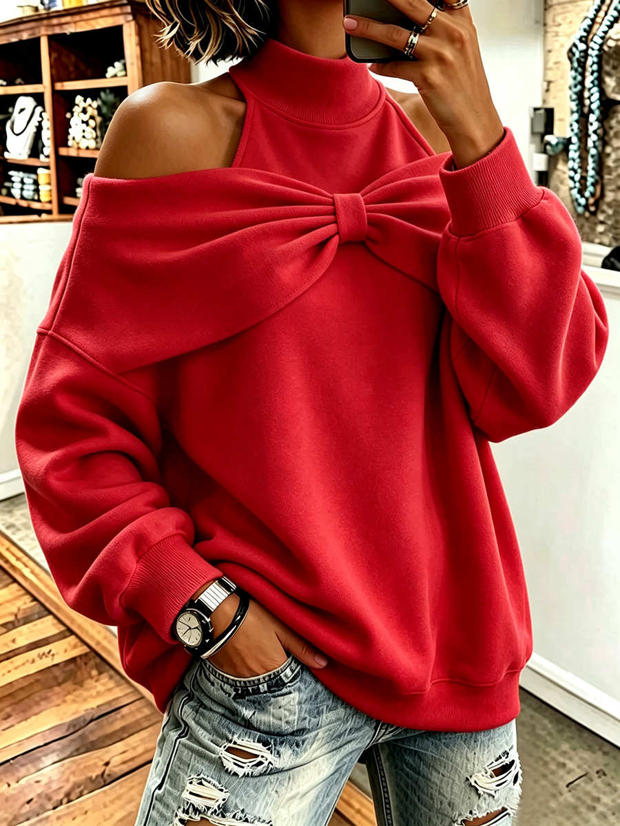 Felpa Oversize Chic a Collo Alto con Fiocco