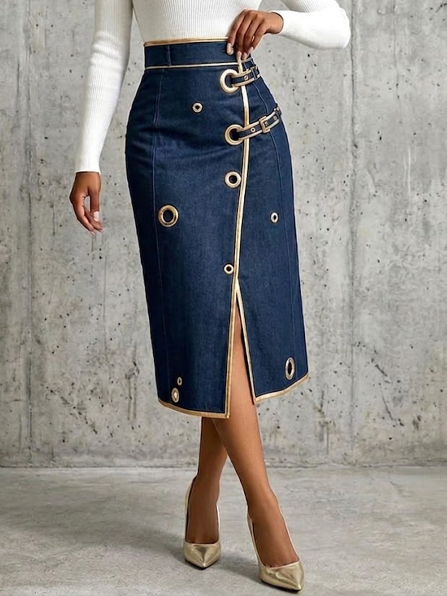 Arianna | Gonna Midi in Jeans con Profili Dorati