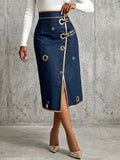 Arianna | Gonna Midi in Jeans con Profili Dorati