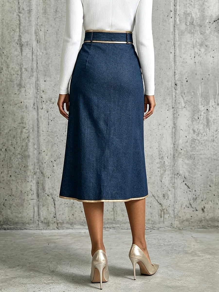 Arianna | Gonna Midi in Jeans con Profili Dorati