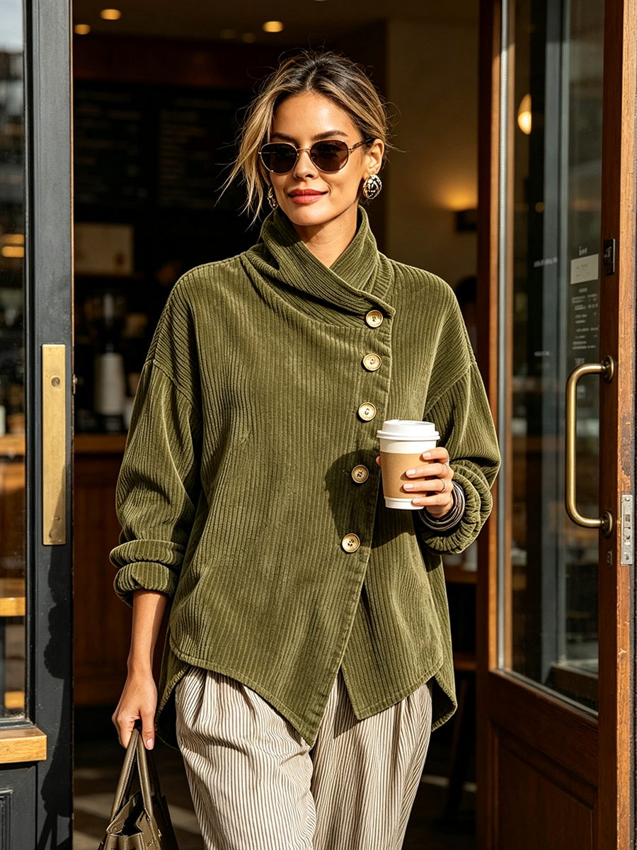 Camilla | Top in Velluto a Coste Asimmetrico con Collo Alto