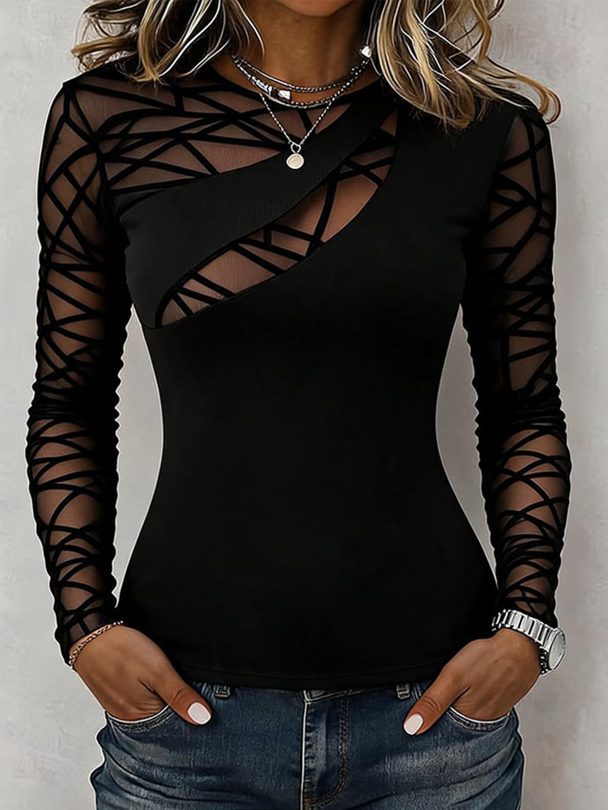 Nadia | Top Nero con Inserti in Rete Geometrica