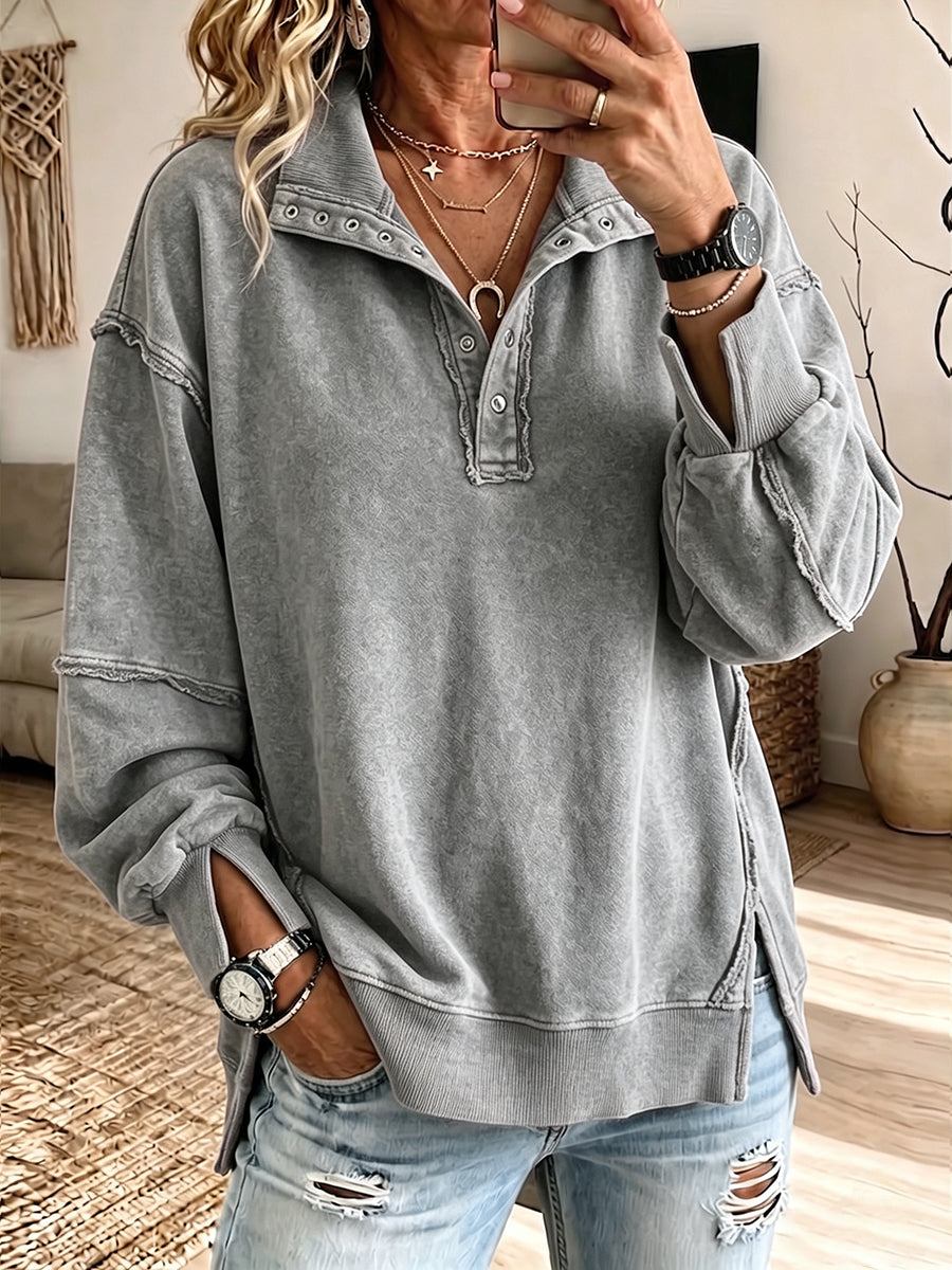 Caterina | Felpa Oversize con Collo Henley e Bordi a Vivo